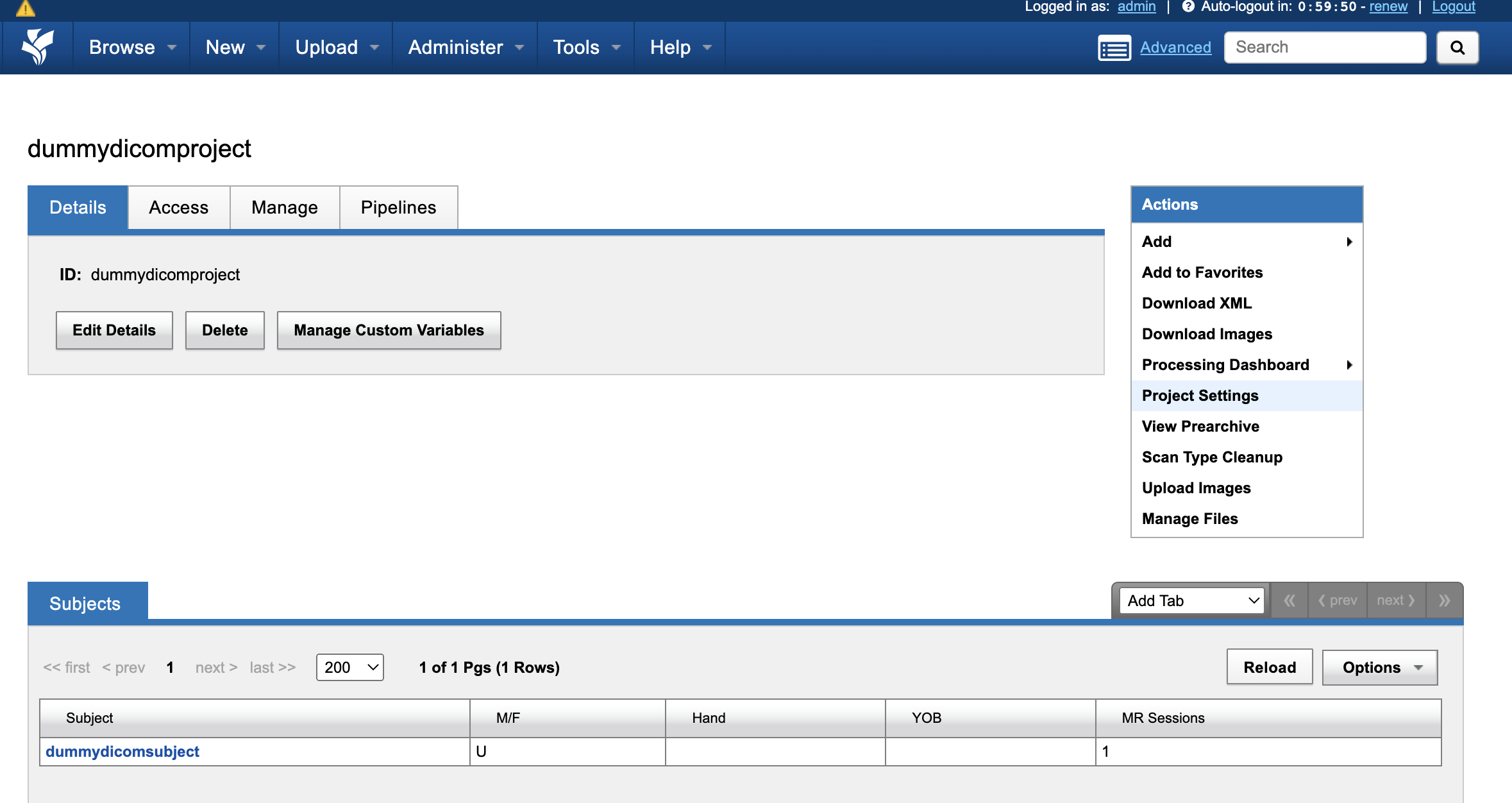 XNAT project settings